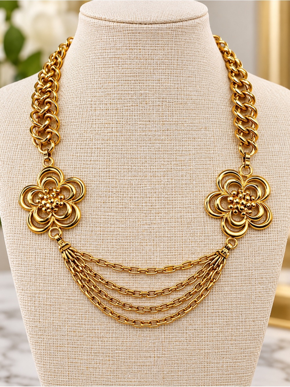 543. Gold Tone Floral Statement Necklace Layered Chain Draped Bib 17-20”